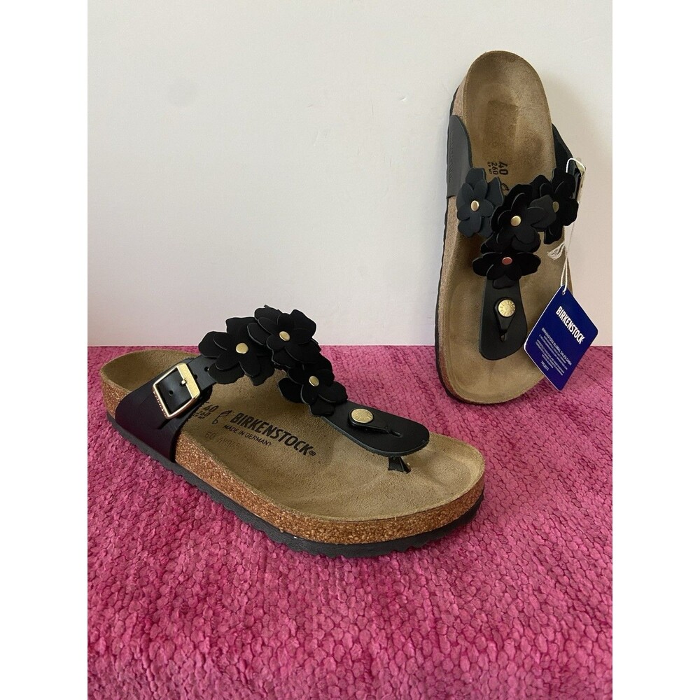 Birkenstock Gizeh Flowers Leather Sandals Black Size 9 Regular